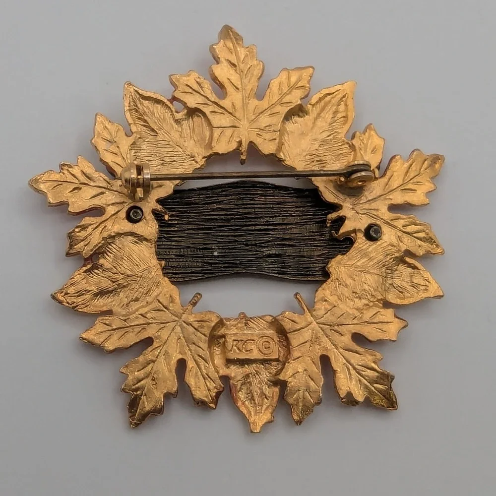 Kenneth Cole Autumn Leaves Celebrate Autumn Brooch Pin Gold Tone Red Orange‎
